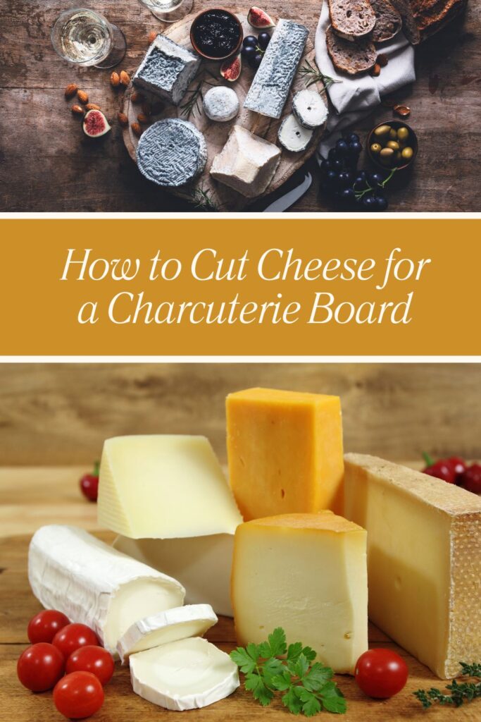 Cutting cheese for a charcuterie board pinterest pin