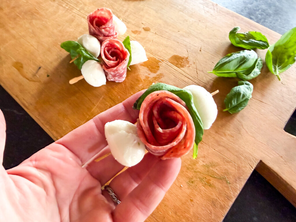 Salami and Mozzarella Charcuterie Rose Skewer 